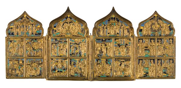 Travel polyptych depicting the Twelve Orthodox Feasts and four miraculous apparitions of the Virgin