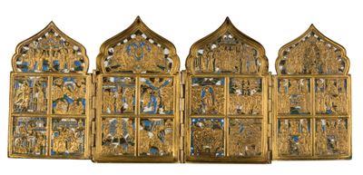 Manufatto in bronzo con smalti policromi, Polittico da viaggio con le Dodici Feste ortodosse e qu...