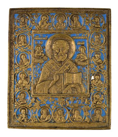 Icona da viaggio, San Nicola di Mira, fusione in bronzo con smalti policromi (XIX secolo)