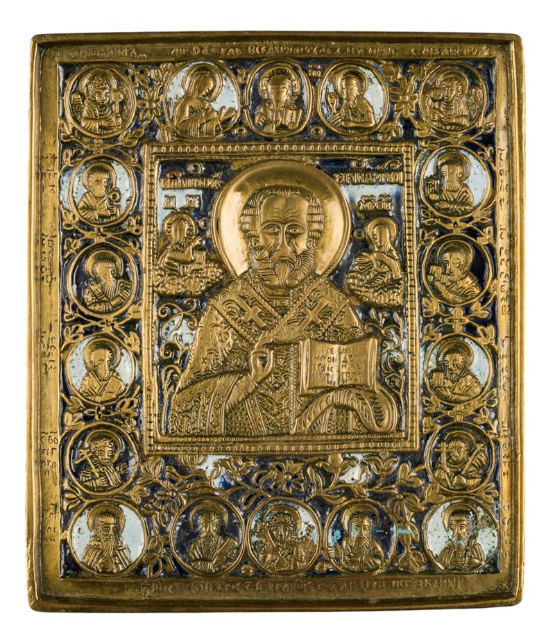 Icona da viaggio raffigurante San Nicola di Mira, fusione in bronzo e smalti policromi (XIX secol...