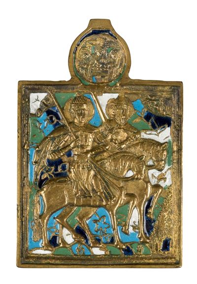 Fusione in bronzo e smalti policromi, Icona da viaggio con i SS. Boris e Gleb (XIX secolo)