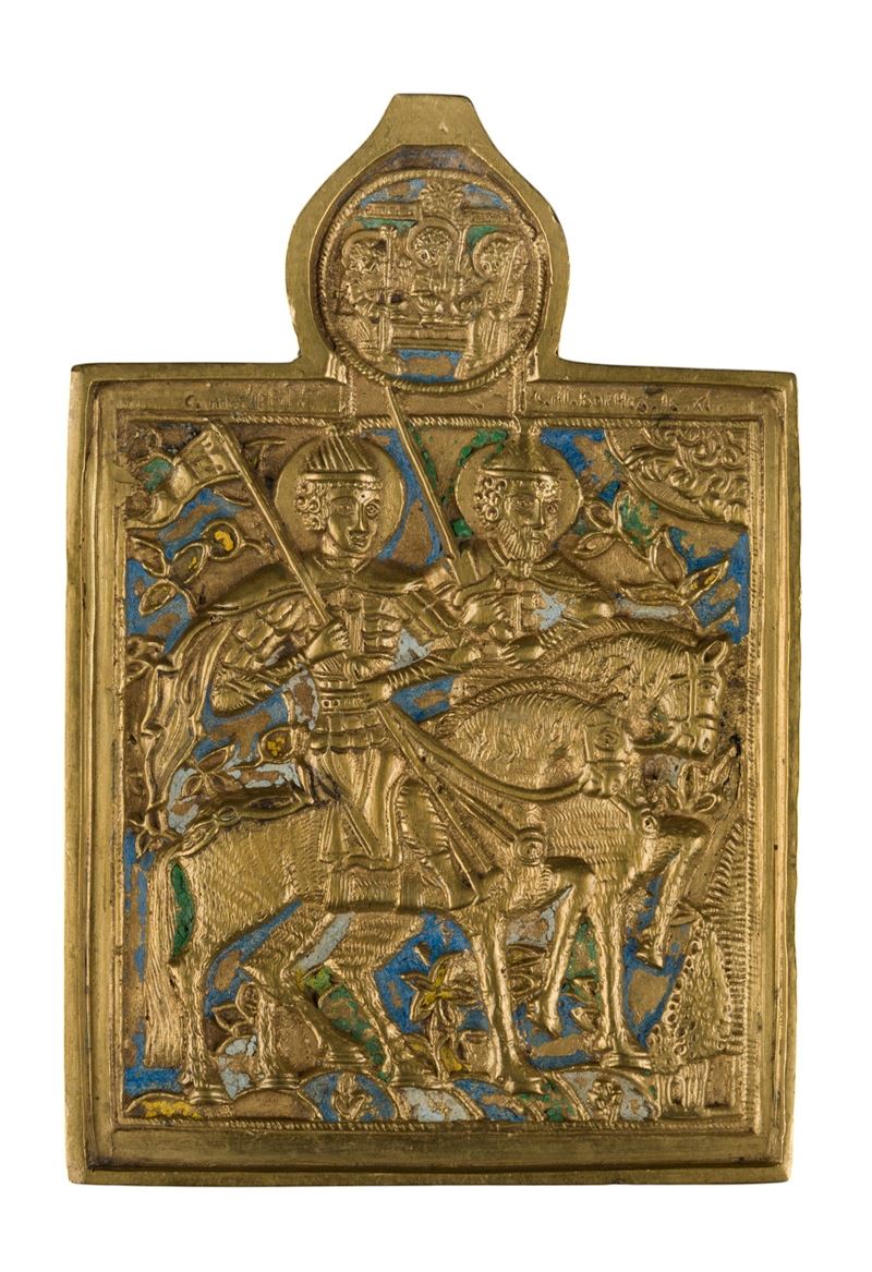 Icona da viaggio raffigurante i SS. Boris e Gleb, fusione in bronzo e smalti policromi (XIX secol...