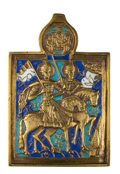Icona da viaggio raffigurante i SS. Boris e Gleb, fusione in bronzo con smalti policromi (XIX sec...