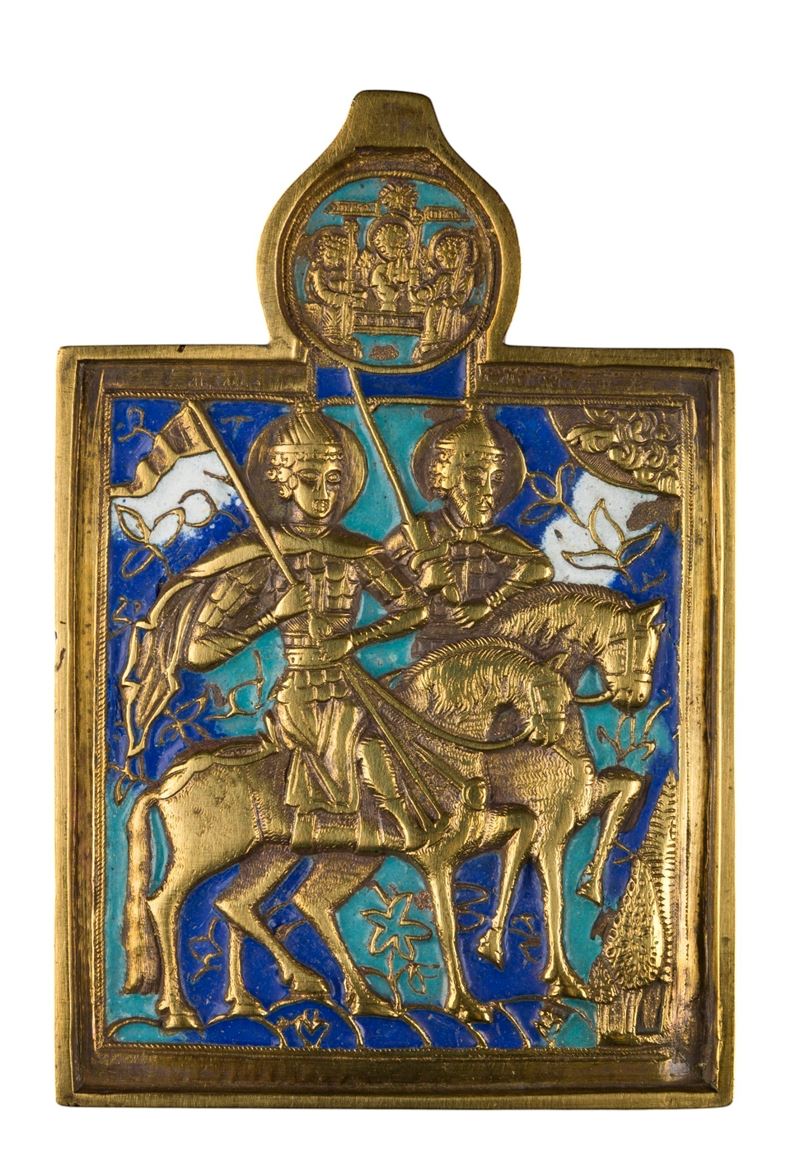 Icona da viaggio raffigurante i SS. Boris e Gleb, fusione in bronzo con smalti policromi (XIX sec...