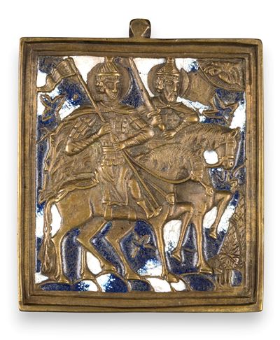 Icona da viaggio raffigurante i SS. Boris e Gleb, fusione in bronzo con smalti policromi (XIX sec...