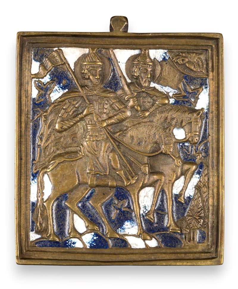 Icona da viaggio raffigurante i SS. Boris e Gleb, fusione in bronzo con smalti policromi (XIX sec...