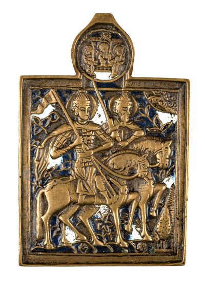 Arte russa del XIX secolo, Icona da viaggio raffigurante i SS. Boris e Gleb in fusione di bronzo ...