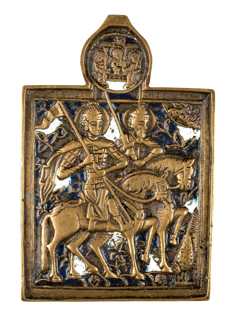 Arte russa del XIX secolo, Icona da viaggio raffigurante i SS. Boris e Gleb in fusione di bronzo ...