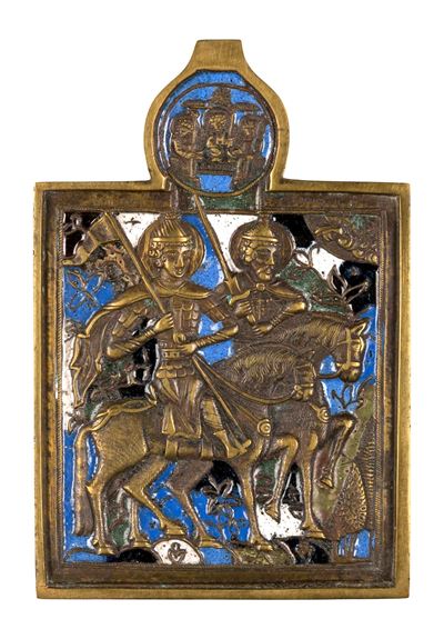 XIX secolo, Icona da viaggio raffigurante i SS. Boris e Gleb, fusione in bronzo con smalti policr...