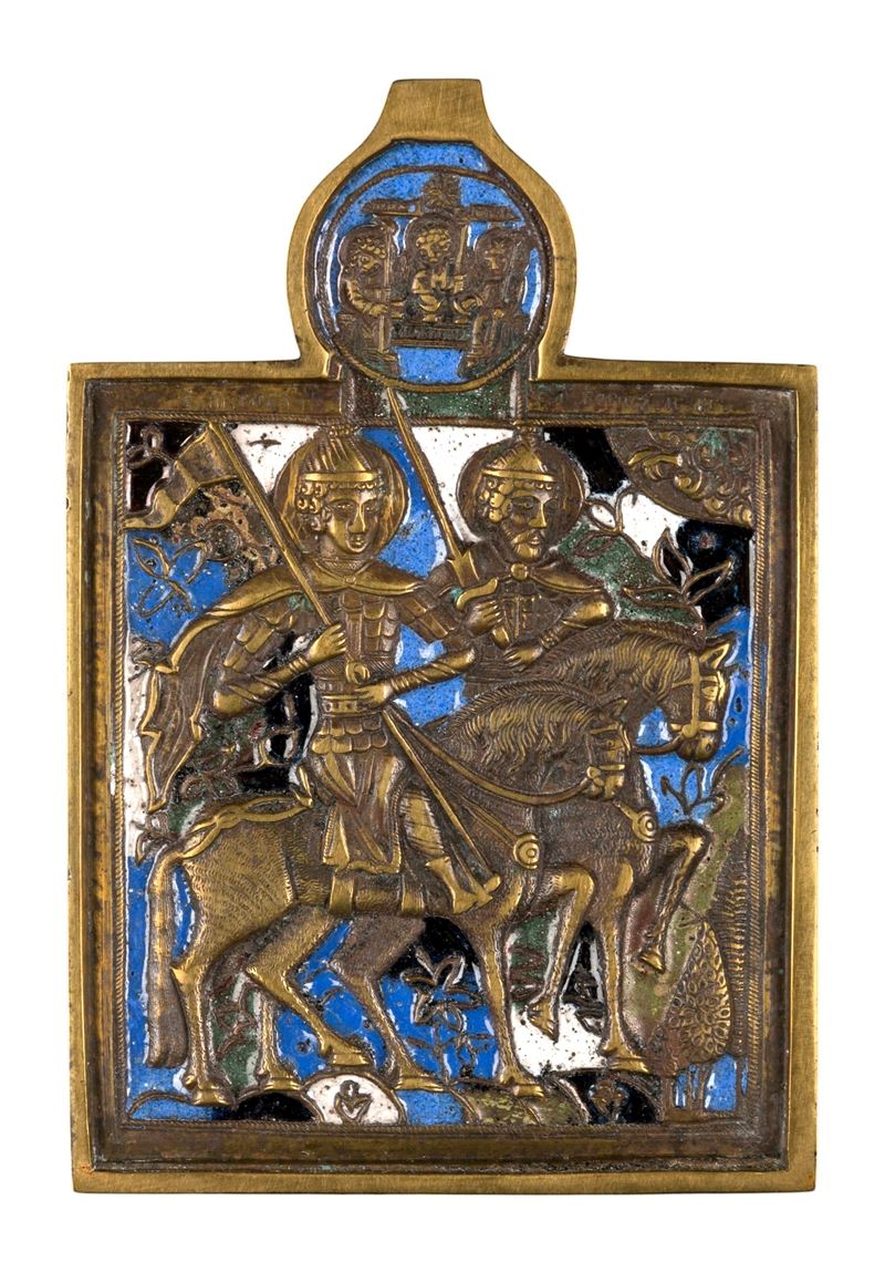 XIX secolo, Icona da viaggio raffigurante i SS. Boris e Gleb, fusione in bronzo con smalti policr...
