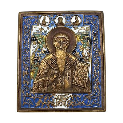Icona da viaggio, Sant’Antipa e la Deesis, fusione in bronzo con smalti policromi