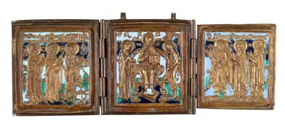 Trittico da viaggio con Deesis allargata, fusione in bronzo e smalti policromi (XIX secolo)