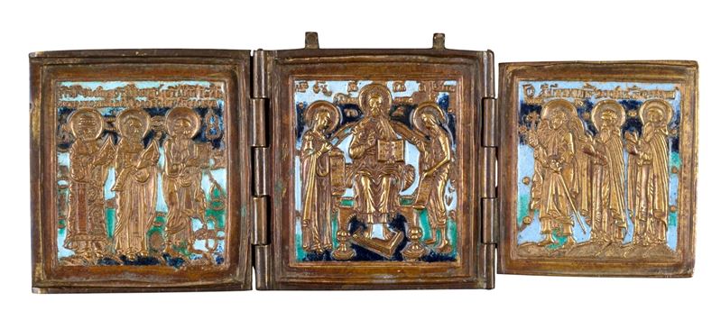 Trittico da viaggio con Deesis allargata, fusione in bronzo e smalti policromi (XIX secolo)