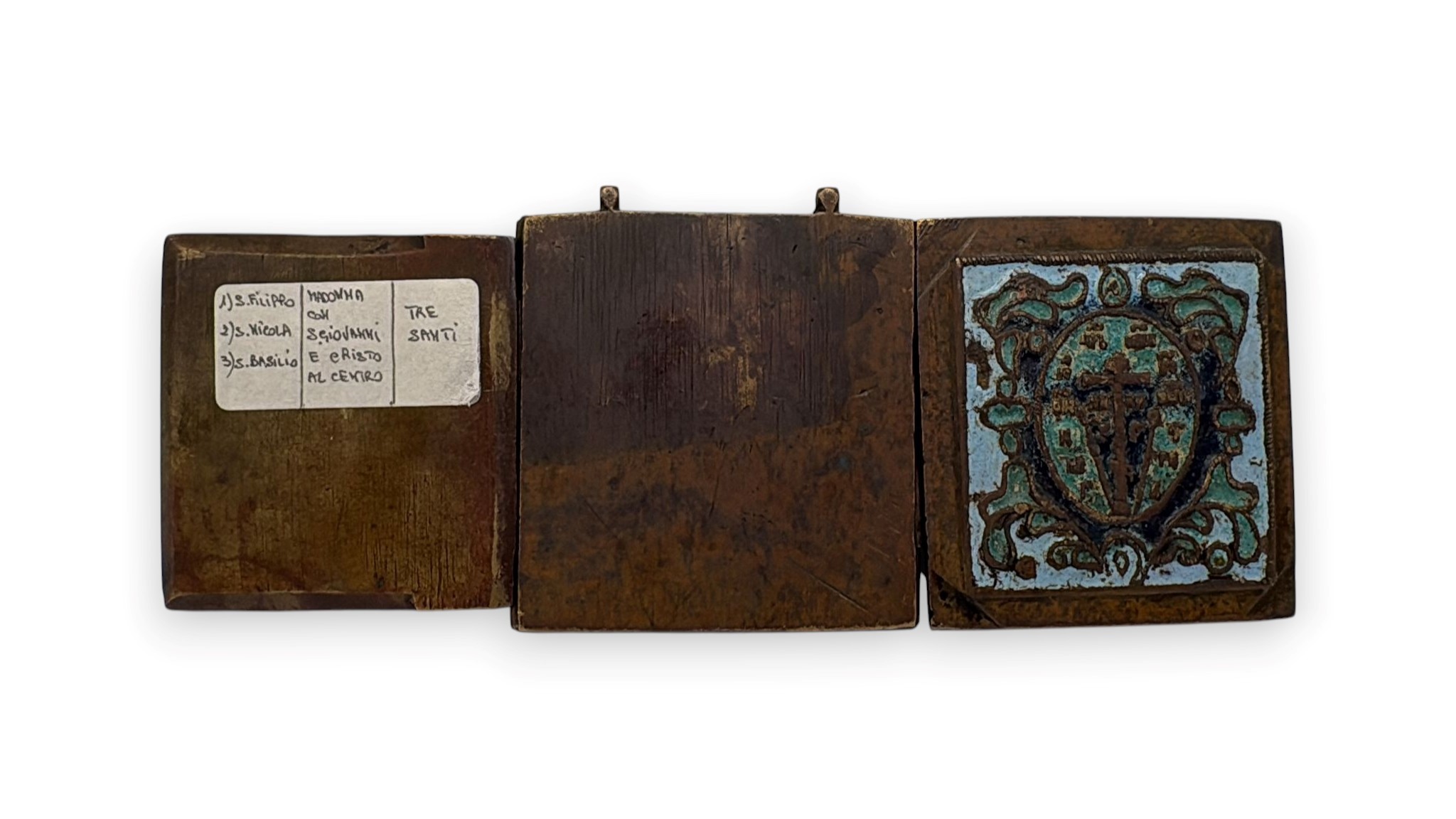 Trittico da viaggio con Deesis allargata, fusione in bronzo e smalti policromi (XIX secolo)