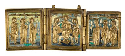 Trittico da viaggio raffigurante la Deesis allargata, fusione in bronzo con smalti policromi (XIX...