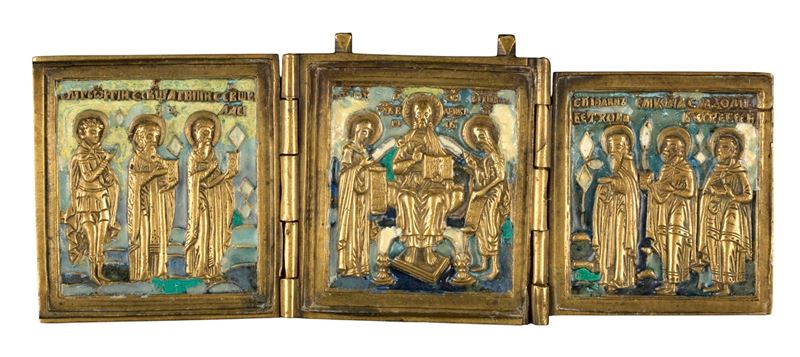 Trittico da viaggio raffigurante la Deesis allargata, fusione in bronzo con smalti policromi (XIX...