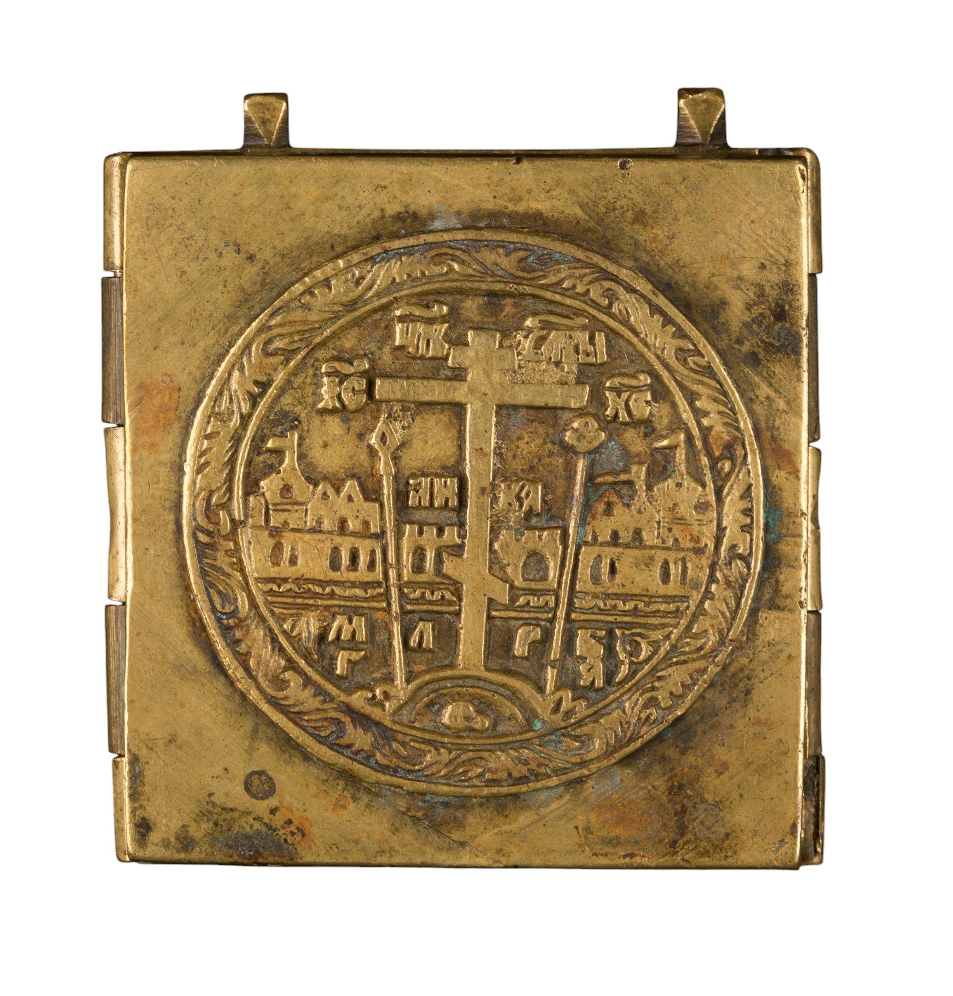 Trittico da viaggio raffigurante la Deesis allargata, fusione in bronzo con smalti policromi (XIX...