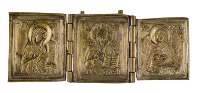 Trittico da viaggio raffigurante la Deesis, fusione in bronzo e smalti policromi (XIX secolo)