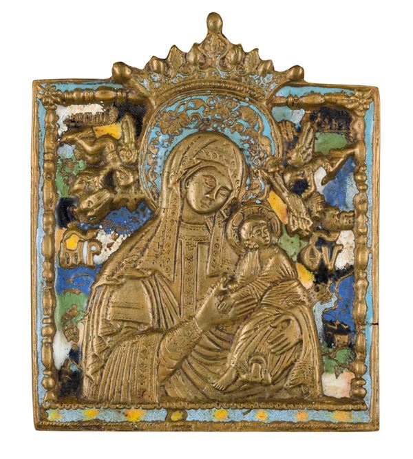 Icona da viaggio raffigurante l'Odighitria con i simboli della passione