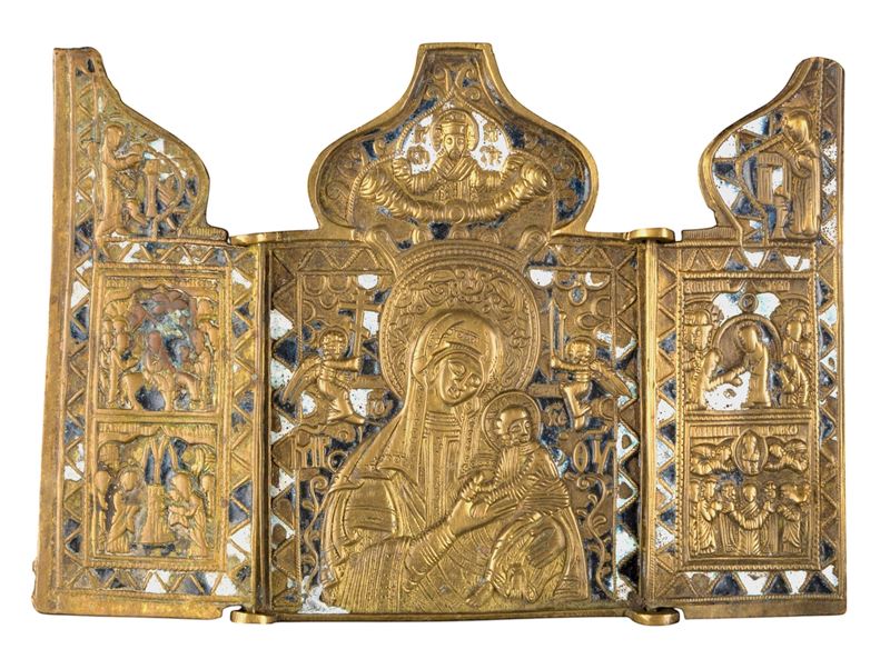 Trittico da viaggio con Odighitria e simboli della Passione, fusione in bronzo e smalti policromi...