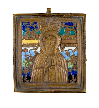 Icona da viaggio raffigurante San Sergio di Radonez, fusione in bronzo e smalti policromi