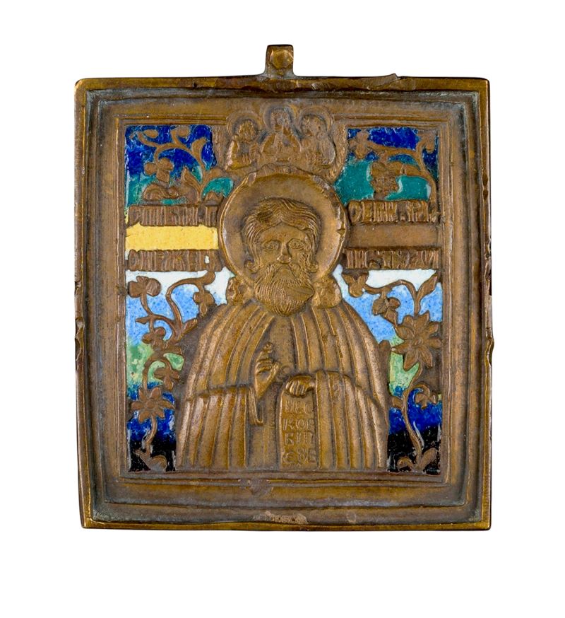 Icona da viaggio raffigurante San Sergio di Radonez, fusione in bronzo e smalti policromi