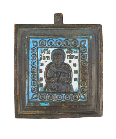 Icona da viaggio di Sant’Antipa, fusione in bronzo con smalti policromi, XIX secolo