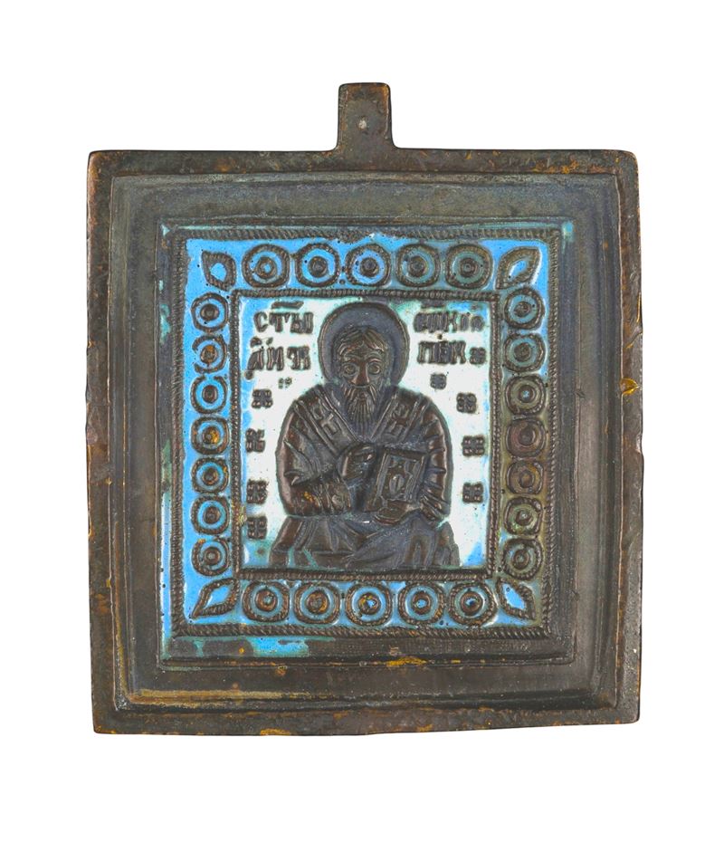 Icona da viaggio di Sant’Antipa, fusione in bronzo con smalti policromi, XIX secolo