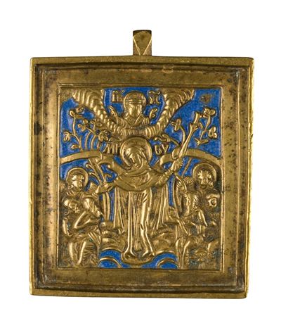Madre della Consolazione, icona da viaggio in fusione di bronzo con smalti policromi (inizio XX s...