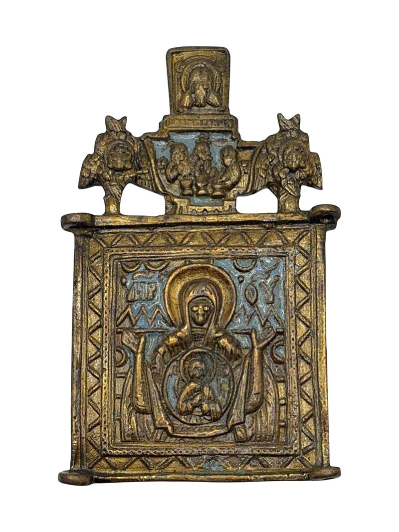 Valva centrale di trittico da viaggio raffigurante la Vergine del Segno, fusione in bronzo e smal...