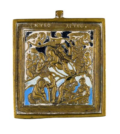 Fusione in bronzo con smalti policromi, Piccola icona da viaggio raffigurante la Natività (inizio...