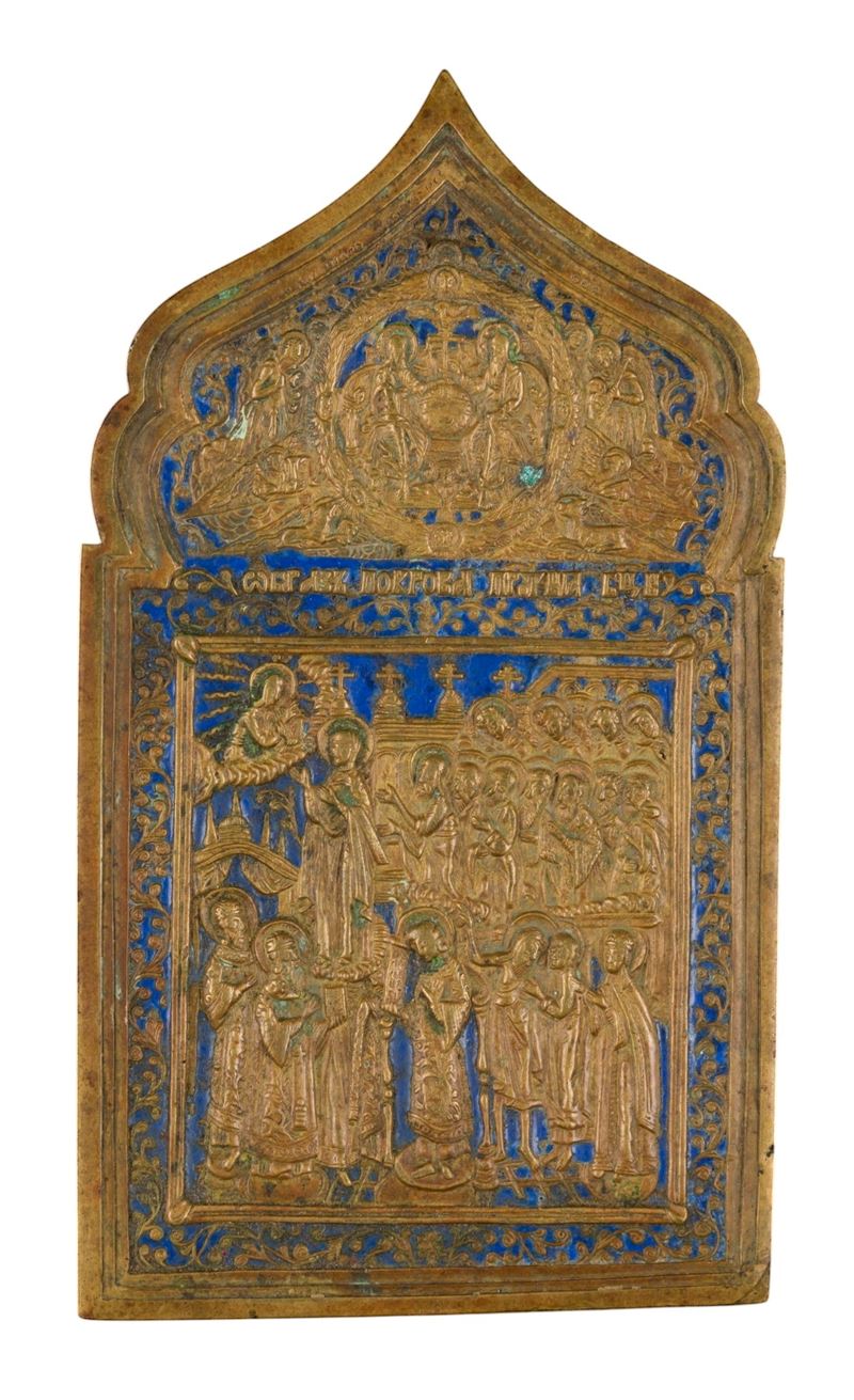 Icona da viaggio, Protezione del velo (Pokrov) della Madre di Dio, fusione in bronzo con smalti p...