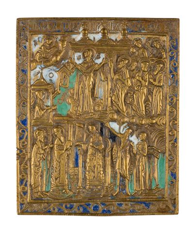 Icona da viaggio della Madre di Dio (Pokrov), fusione in bronzo con smalti policromi, XIX secolo