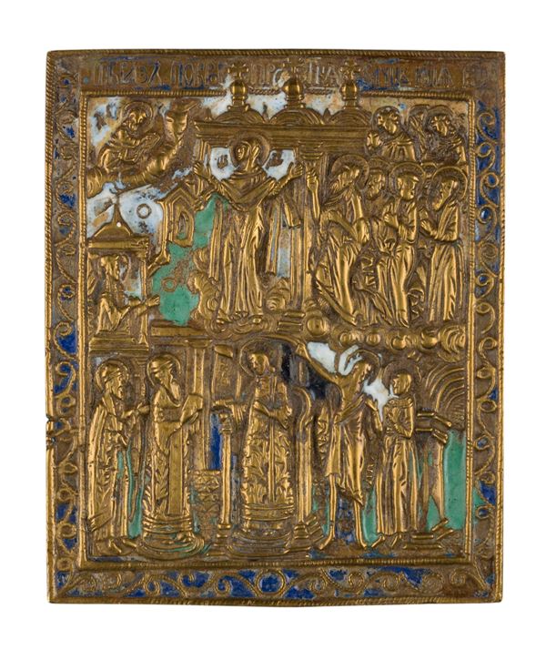 Travel icon depicting the Protection of the Veil (Pokrov) of the Mother of God