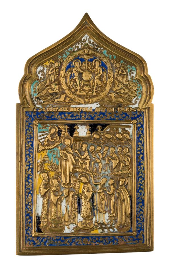 Icona da viaggio raffigurante la protezione del velo (Pokrov) della madre di Dio