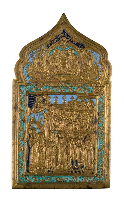Icona da viaggio della Madre di Dio (Pokrov/Protezione del velo), fusione in bronzo con smalti po...