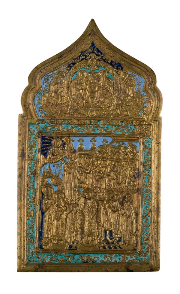 Travel icon depicting the Protection of the Veil (Pokrov) of the Mother of God