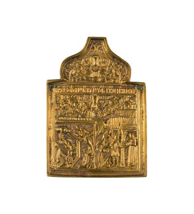 Icona da viaggio, Decollazione di San Giovanni Battista, fusione in bronzo, inizio XX secolo