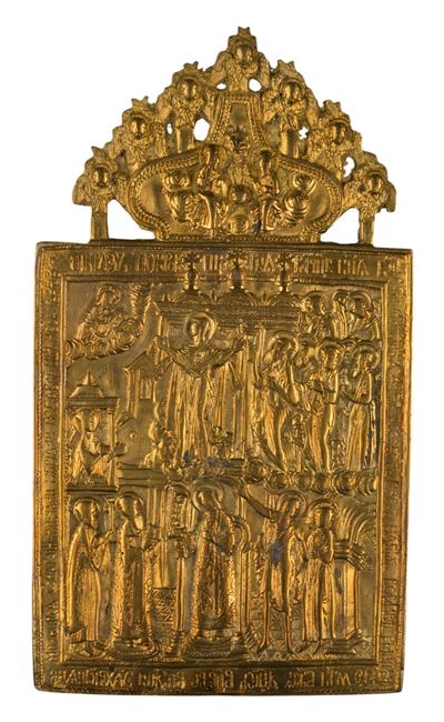 Icona da viaggio in bronzo, Protezione del velo (Pokrov) della Madre di Dio, inizio XX secolo