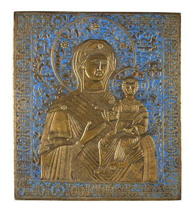 Icona della Madonna di Smolensk, fusione in bronzo con smalti policromi (XIX secolo)