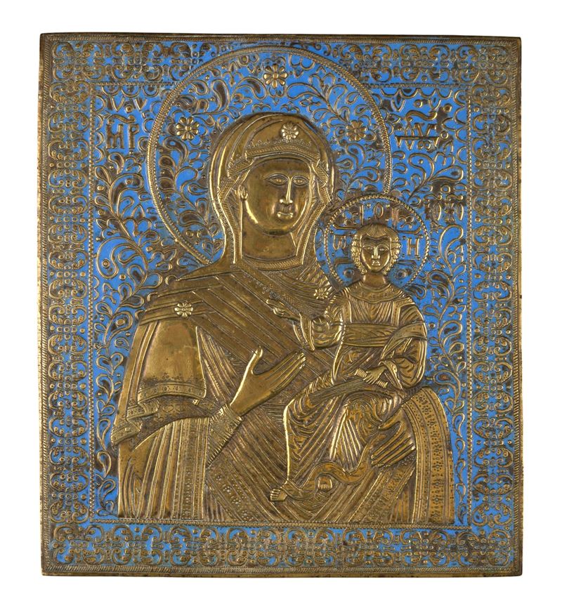 Icona della Madonna di Smolensk, fusione in bronzo con smalti policromi (XIX secolo)