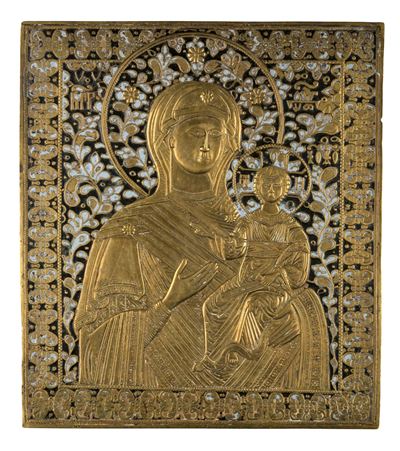 Madonna di Smolensk, icona in fusione di bronzo con smalti policromi (XIX secolo)