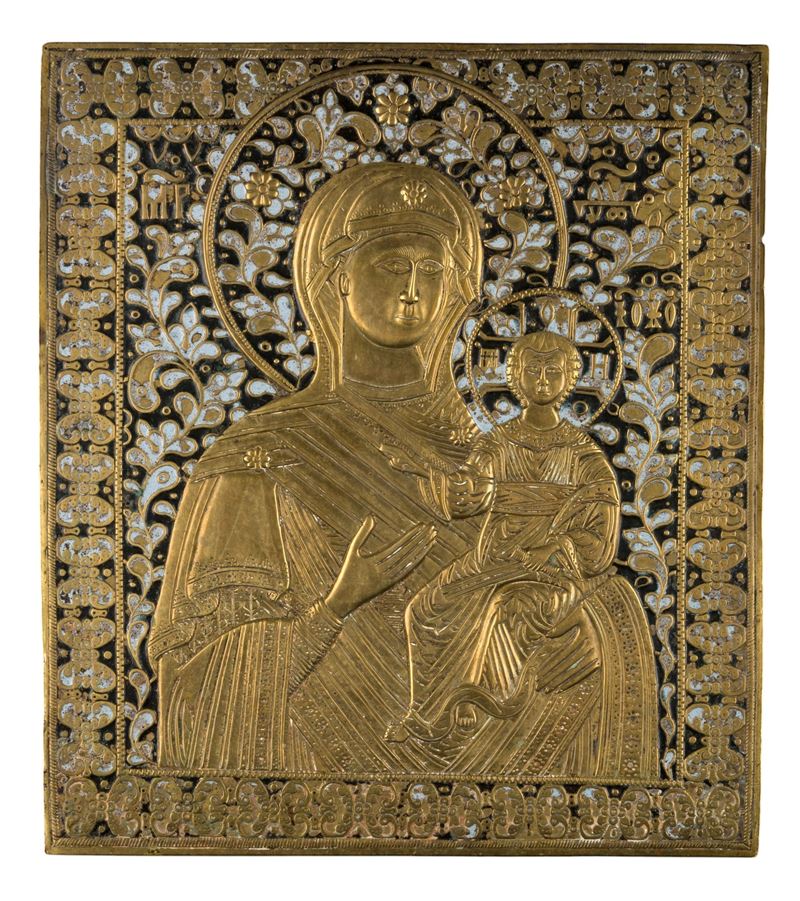 Madonna di Smolensk, icona in fusione di bronzo con smalti policromi (XIX secolo)