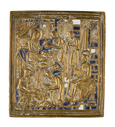 Icona da viaggio della Natività della Vergine, fusione in bronzo con smalti policromi (XIX secolo...