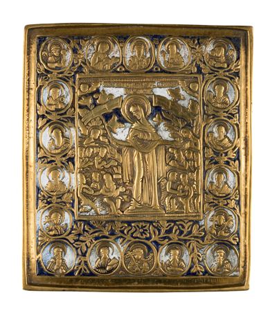Madre della Consolazione, Icona da viaggio in bronzo fuso con smalti policromi, XIX secolo