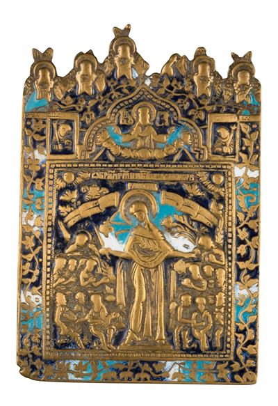 Icona da viaggio della Madre della Consolazione, fusione in bronzo e smalti policromi, XIX secolo