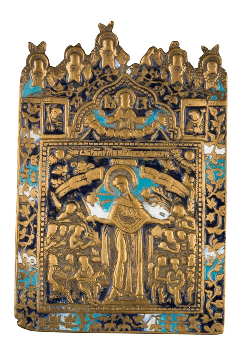 Icona da viaggio della Madre della Consolazione, fusione in bronzo e smalti policromi, XIX secolo
