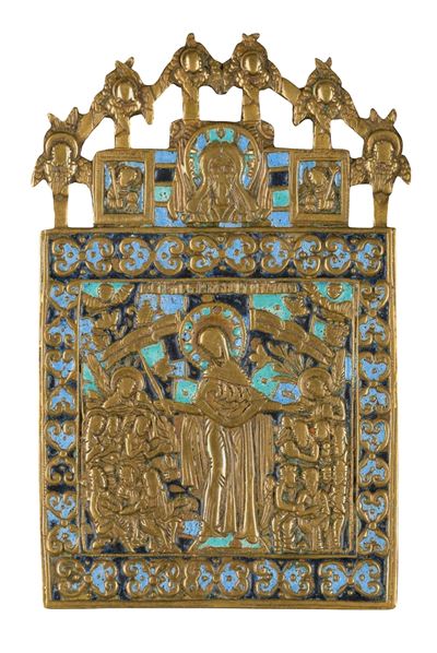 Icona da viaggio della Madre della Consolazione, fusione in bronzo con smalti policromi (XIX seco...