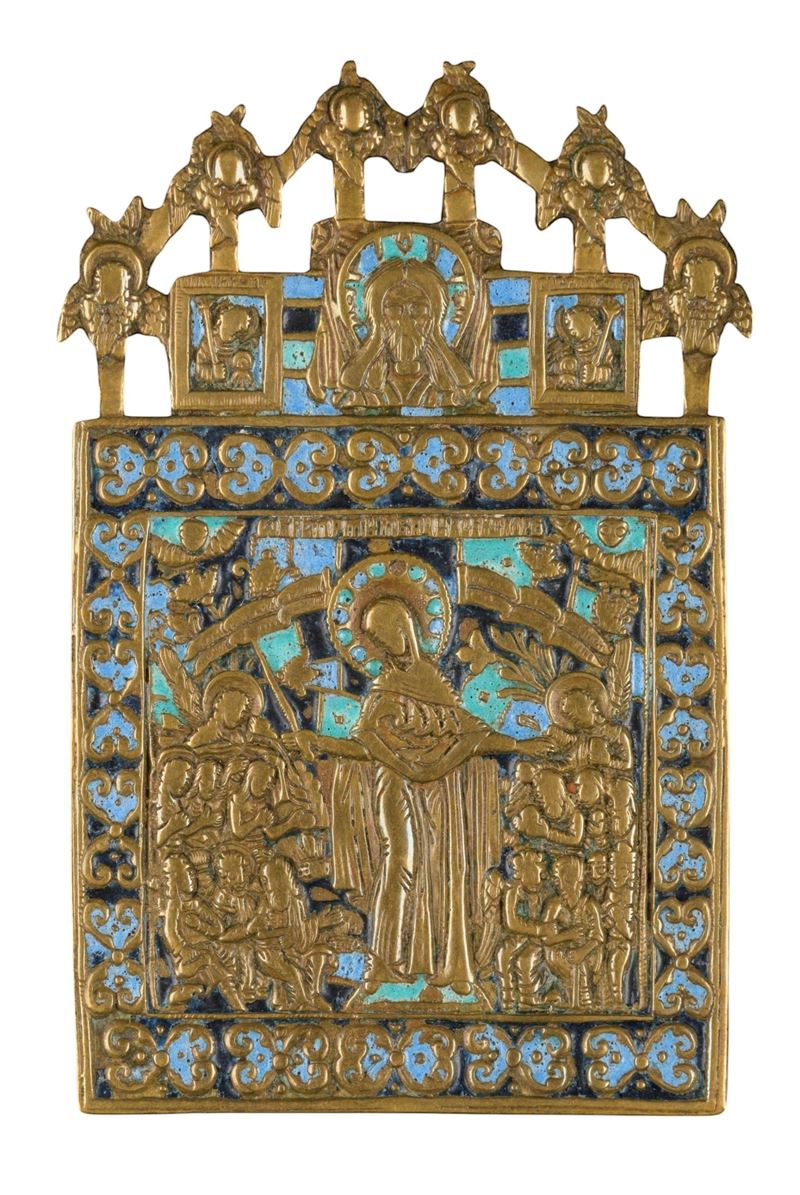 Icona da viaggio della Madre della Consolazione, fusione in bronzo con smalti policromi (XIX seco...