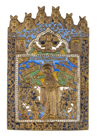 Icona da viaggio raffigurante la Madre della Consolazione, fusione in bronzo con smalti policromi...